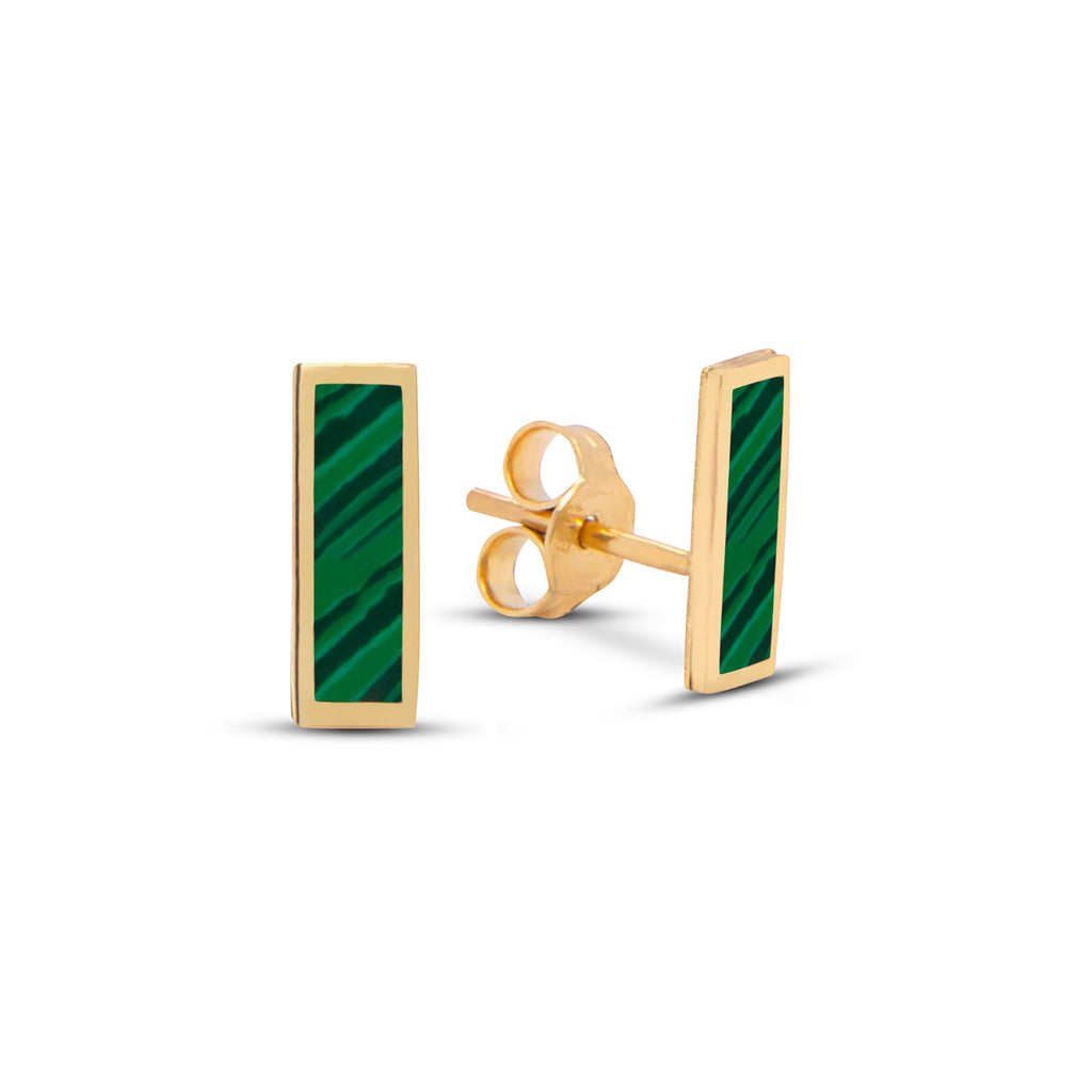 14k Yellow Gold Malachite Bar Stud Earrings