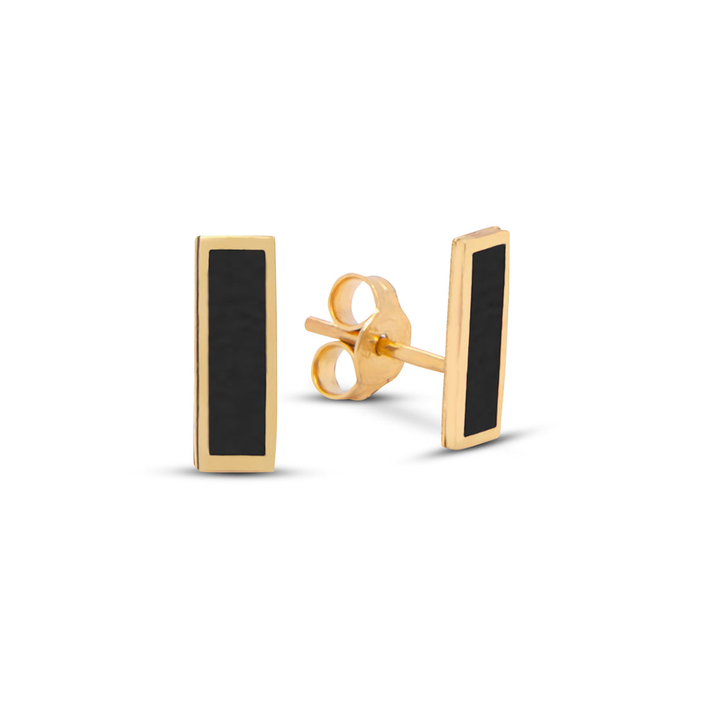 14k Yellow Gold Black Onyx Bar Stud Earrings