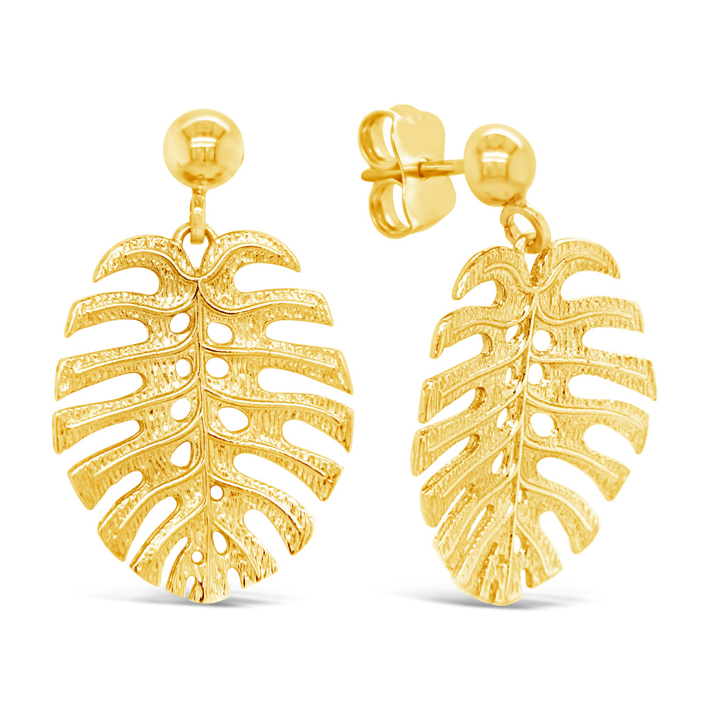 14k Yellow Gold Monstera Drop Earrings