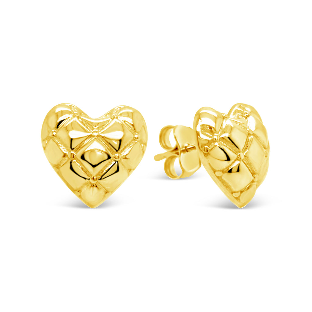 14k Yellow Gold Puffy Quilted Heart Stud Earrings