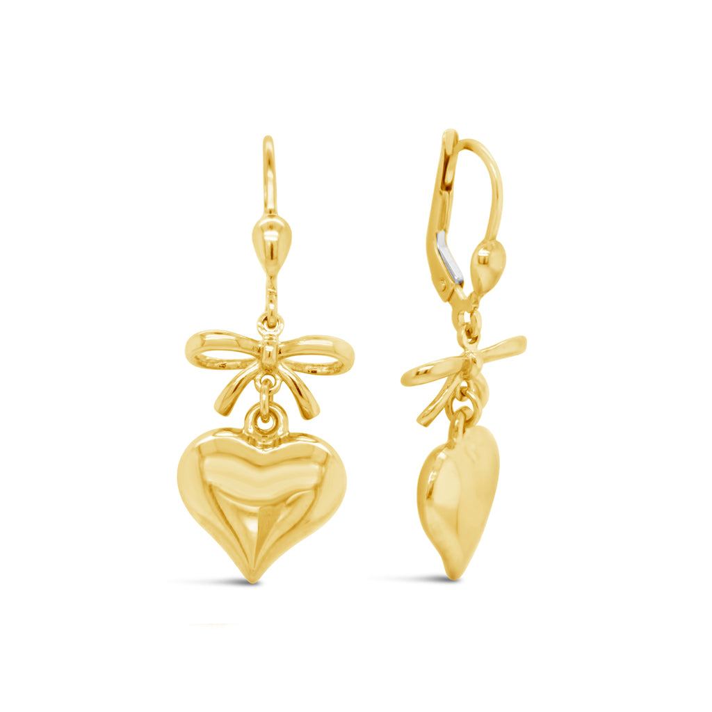 14k Yellow Gold Heart And Bow Drop Earrings