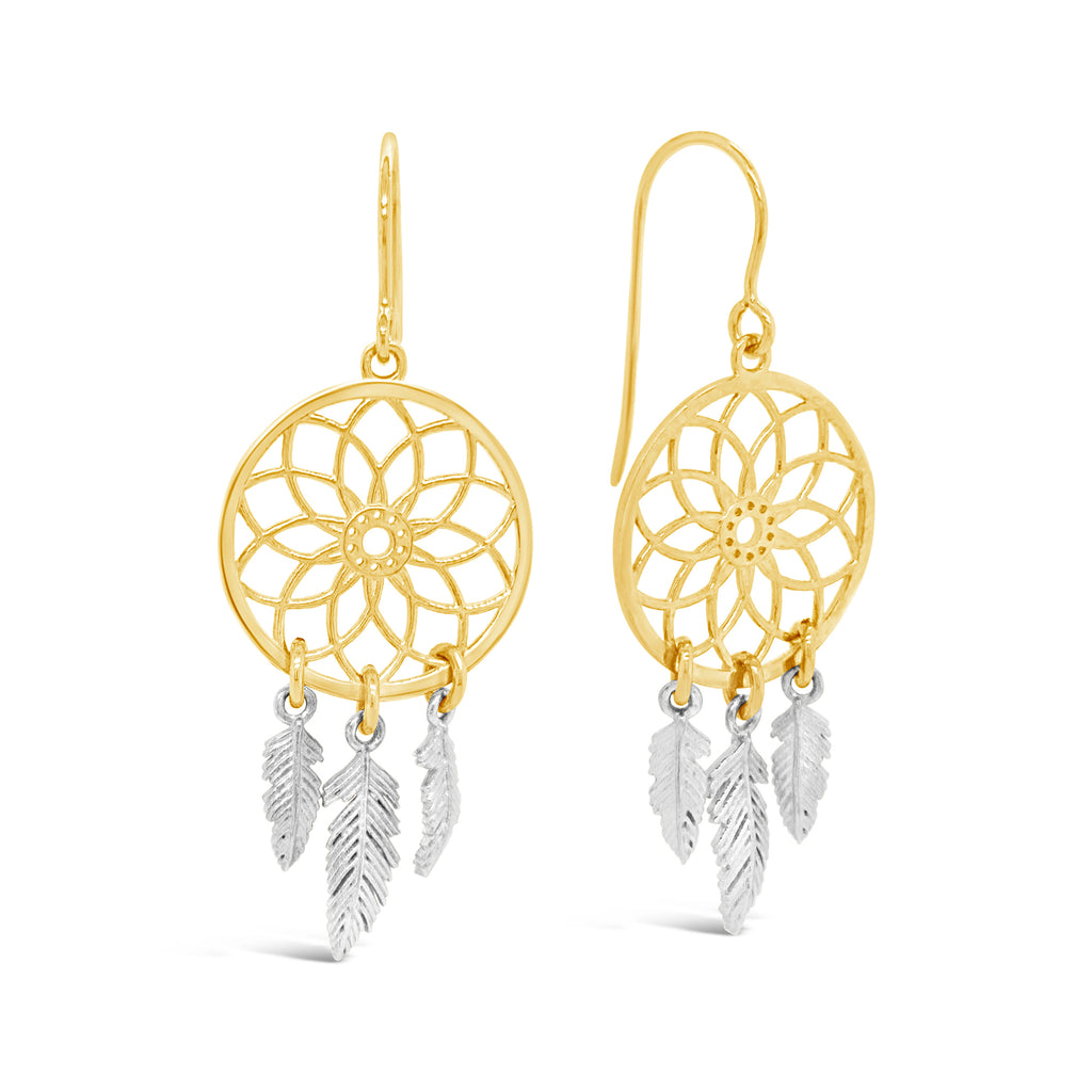 14k Yellow and White Gold Dream Catcher and Feather Dangle Earrings