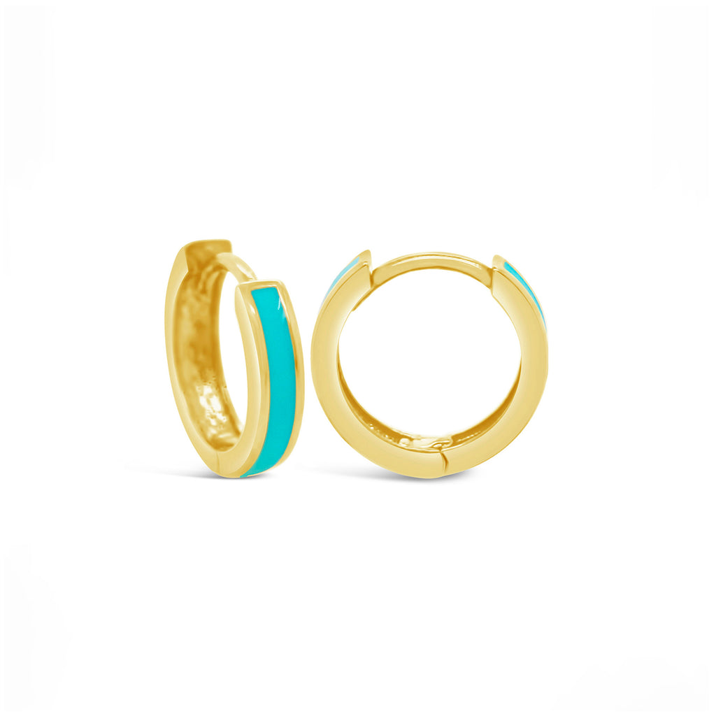 14k Yellow Gold Blue Turquoise Enamel Huggie Earrings