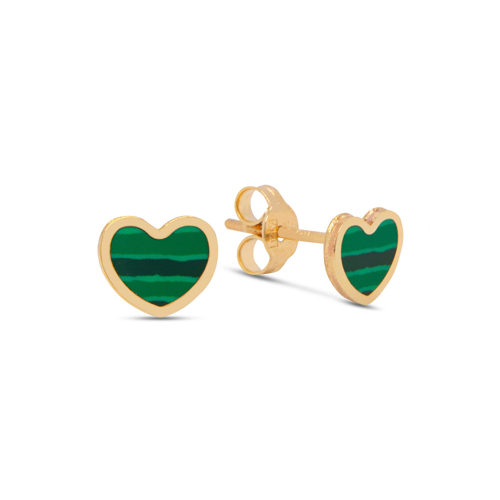 14k Yellow Gold Small Malachite Heart Stud Earrings