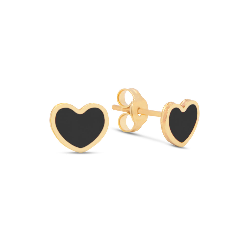 14k Yellow Gold Small Black Onyx Heart Stud Earrings