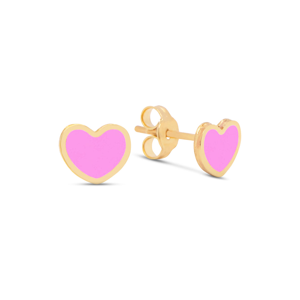 14k Yellow Gold Small Pink Heart Stud Earrings