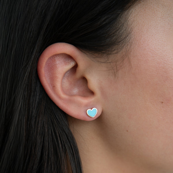 14k Yellow Gold Small Turquoise Heart Stud Earrings