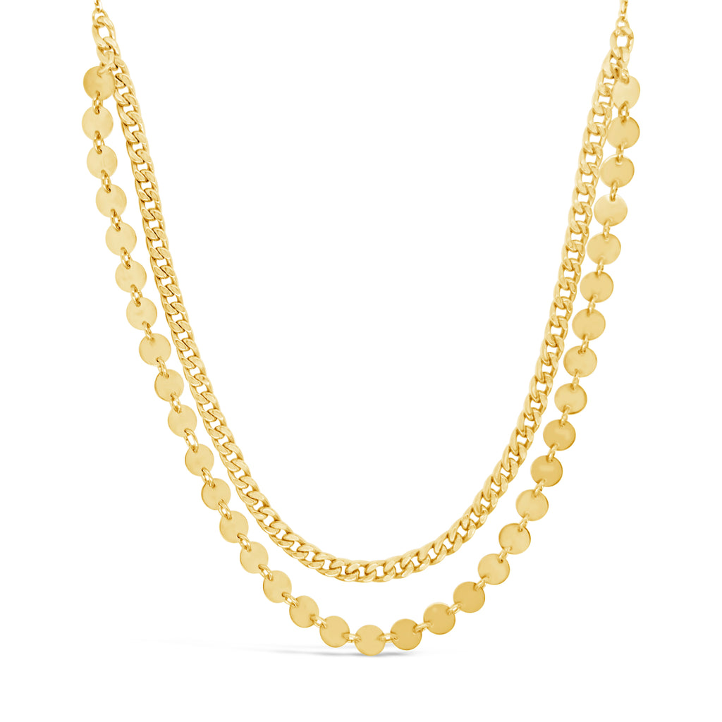 14k Yellow Gold Layered Dangle Coins and Cuban Link Chain Necklace