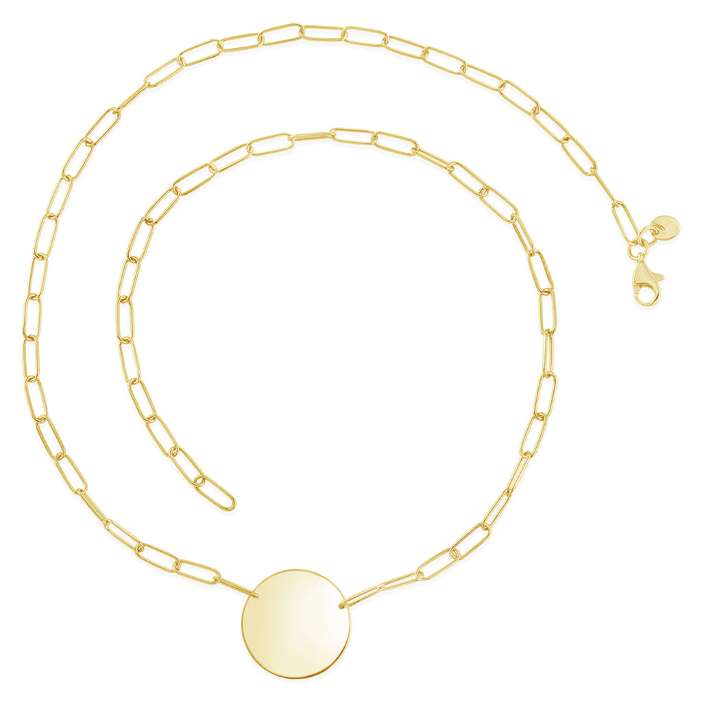 14k Yellow Gold Engravable Disc and Paper Clip Link Chain Necklace