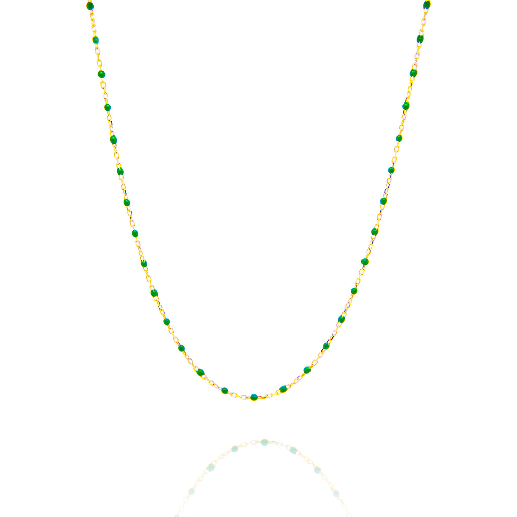 14k Yellow Gold Green Enamel Bead Necklace