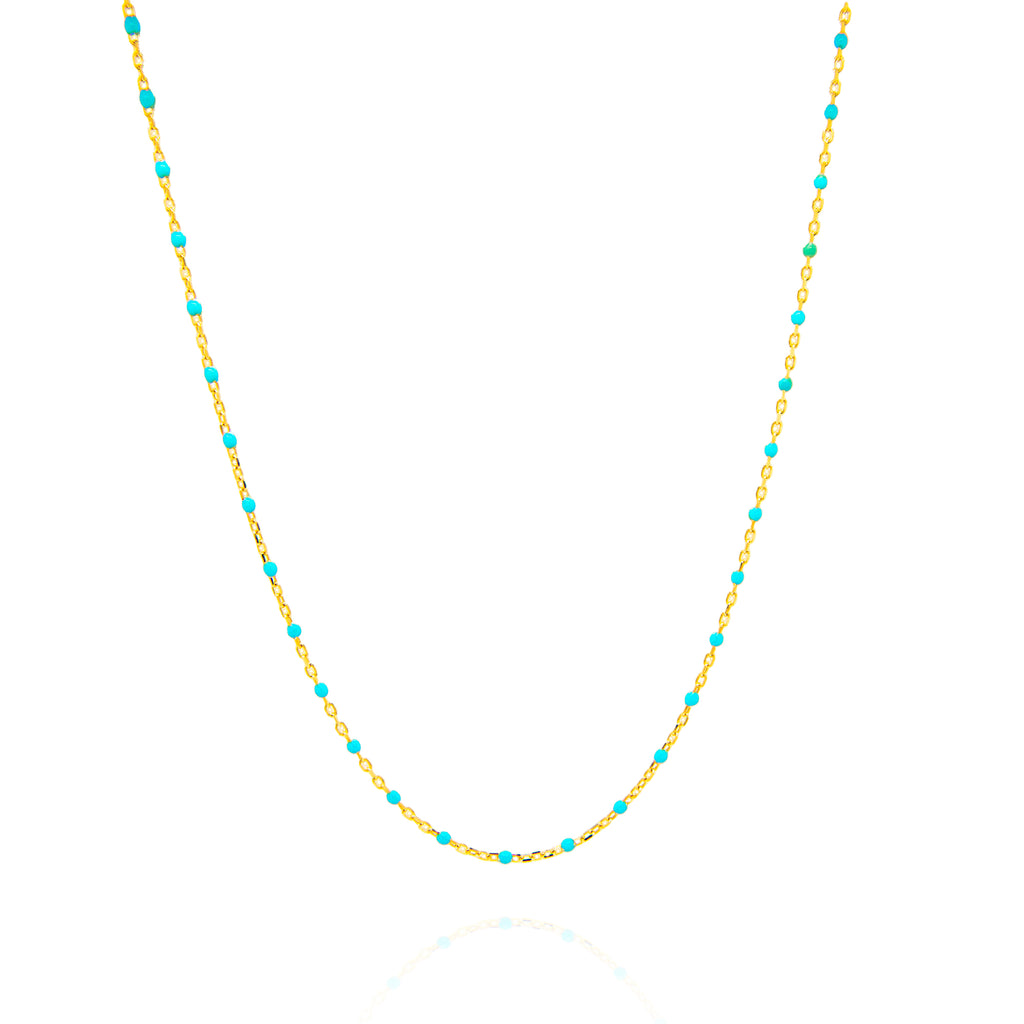 14k Yellow Gold Blue Turquoise Enamel Beads Necklace