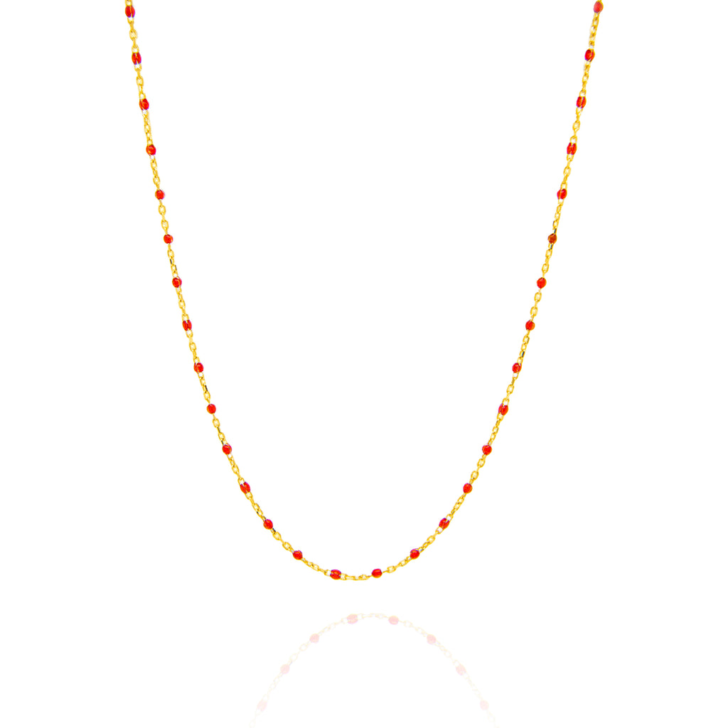 14k Yellow Gold Red Enamel Bead Necklace