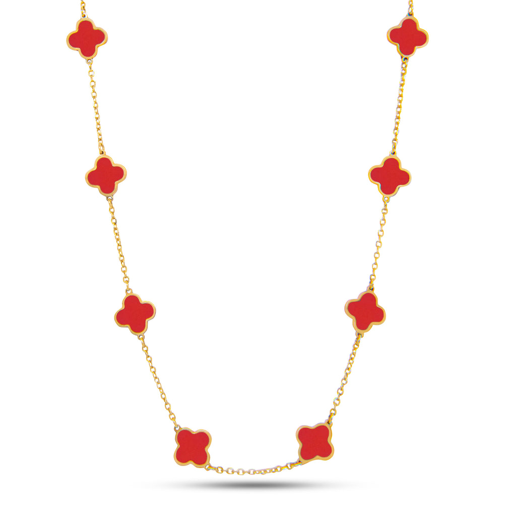 14k Yellow Gold Small Coral Clover Station Necklace