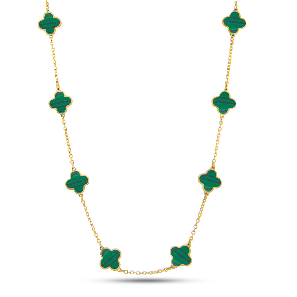 14k Yellow Gold Small Malachite Clover Station Necklace