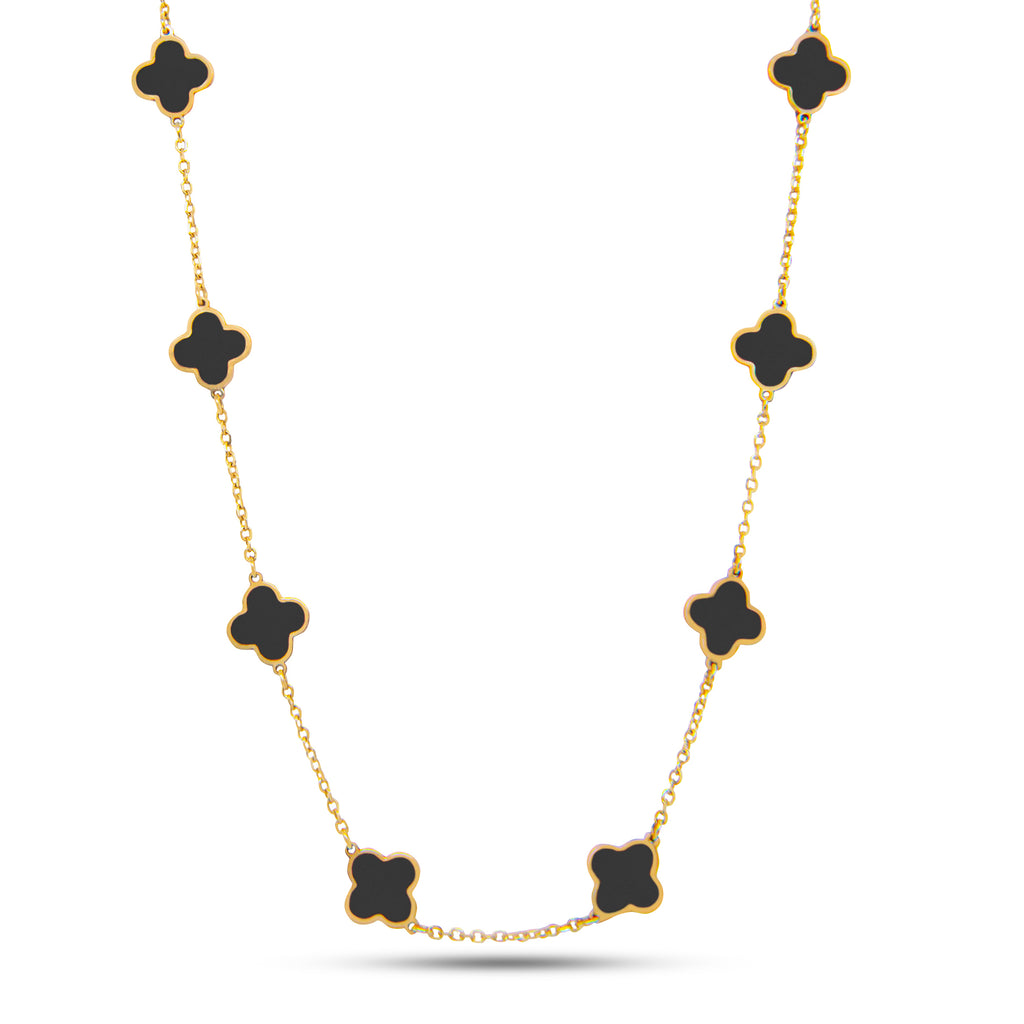 14k Yellow Gold Small Black Onyx Clover Station Necklace