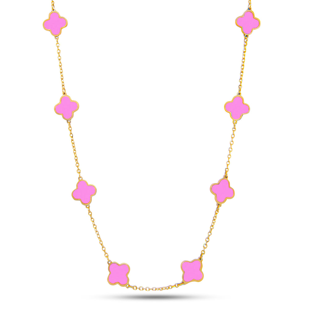 14k Yellow Gold Small Pink Clover Station Necklace