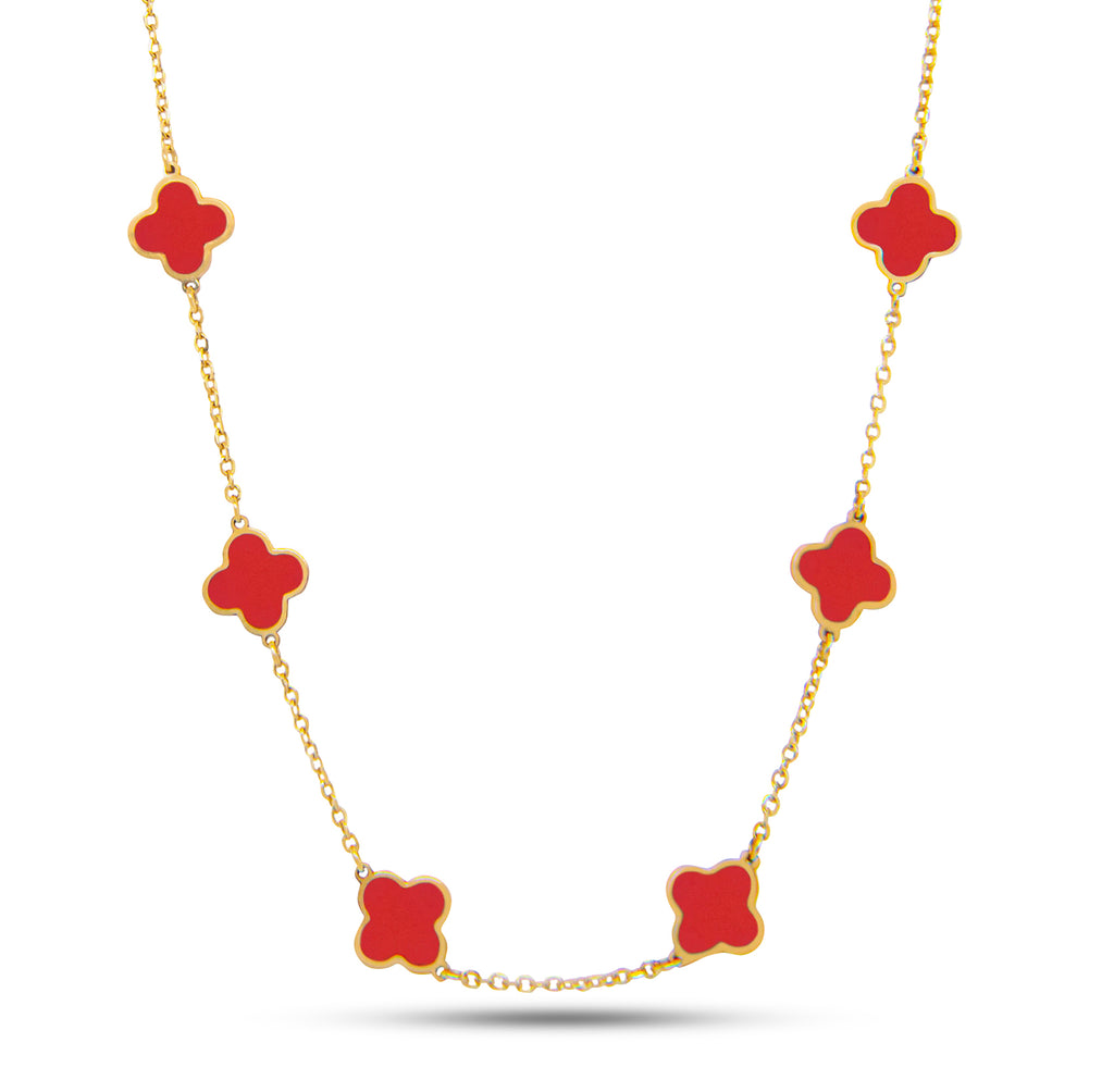 14k Yellow Gold Coral Clover Station Necklace