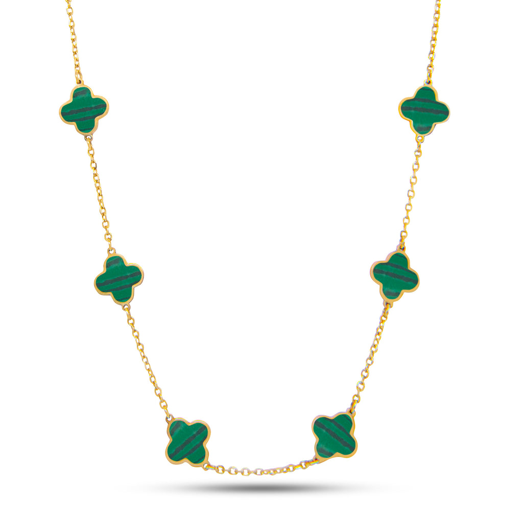 14k Yellow Gold Malachite Clover Station Necklace