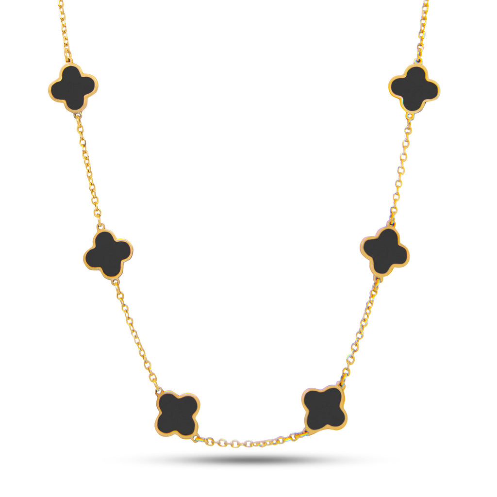 14k Yellow Gold Black Onyx Clover Station Necklace