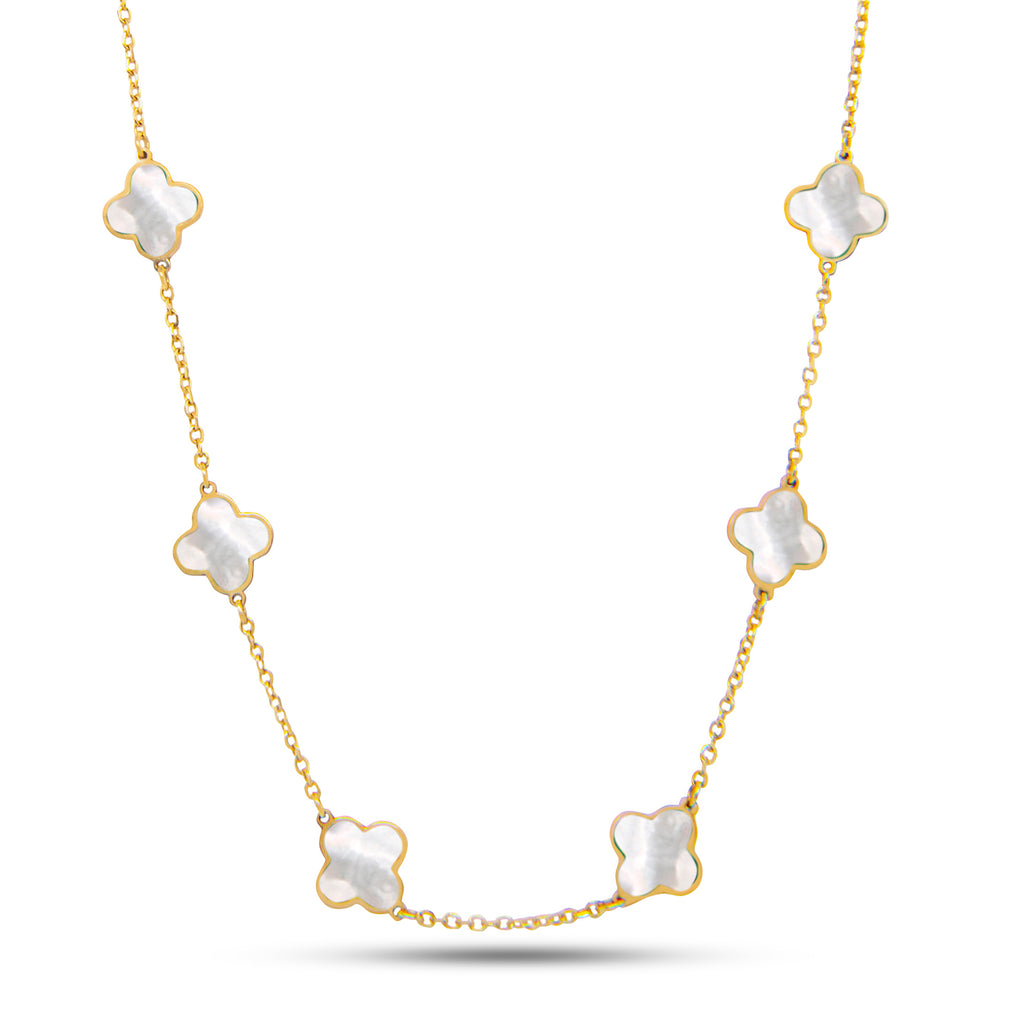 14k Yellow Gold Mother of Pearl Clover Station Necklace