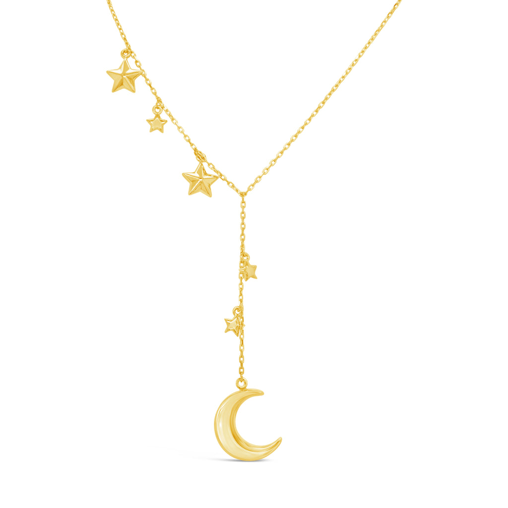 14k Yellow Gold Celestial Star and Moon Lariat Necklace