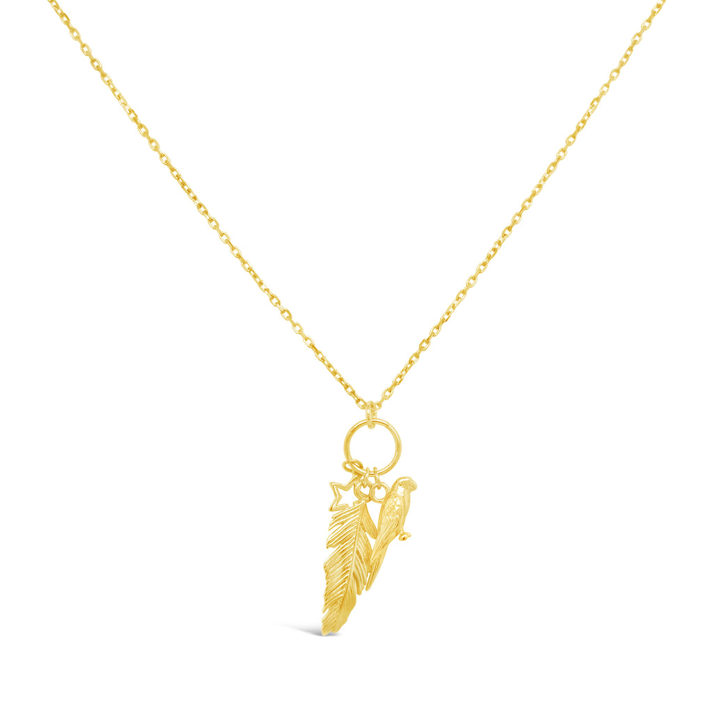 14k Yellow Gold Parrot & Feather Pendant Necklace