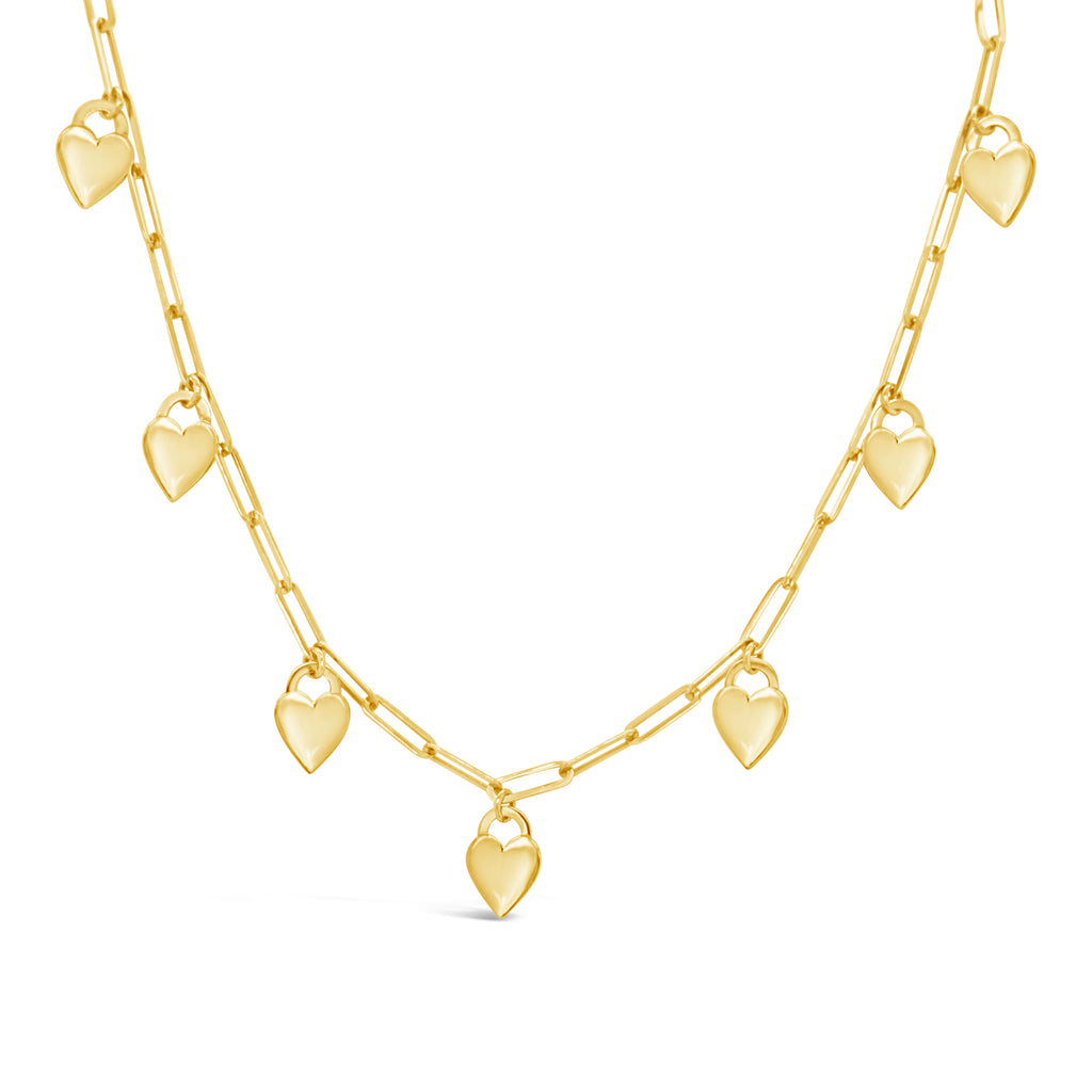 14k Yellow Gold Dangle Hearts Paper Clip Chain Necklace