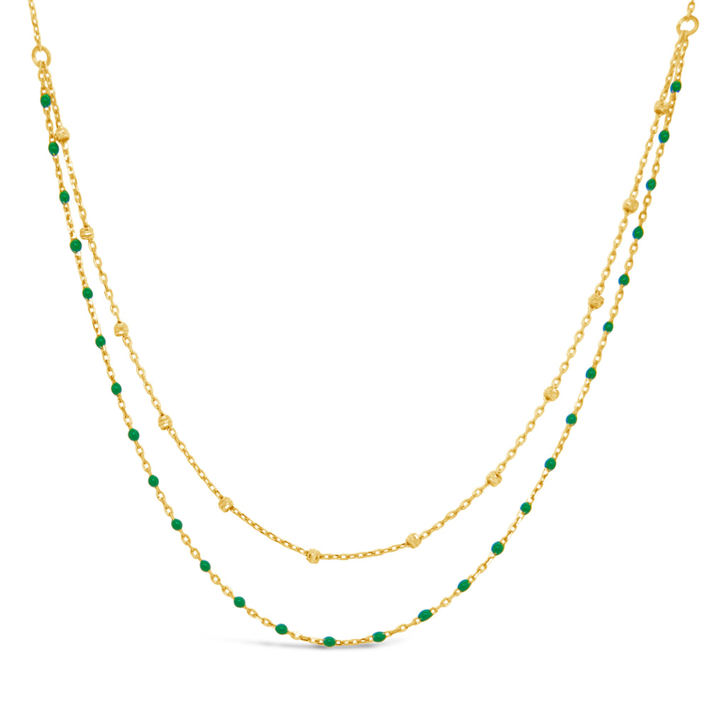 14k Yellow Gold Layered Green Enamel Bead and Chain Necklace