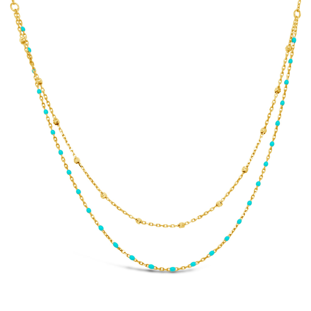 14k Yellow Gold Layered Blue Enamel Beads and Chain Necklace