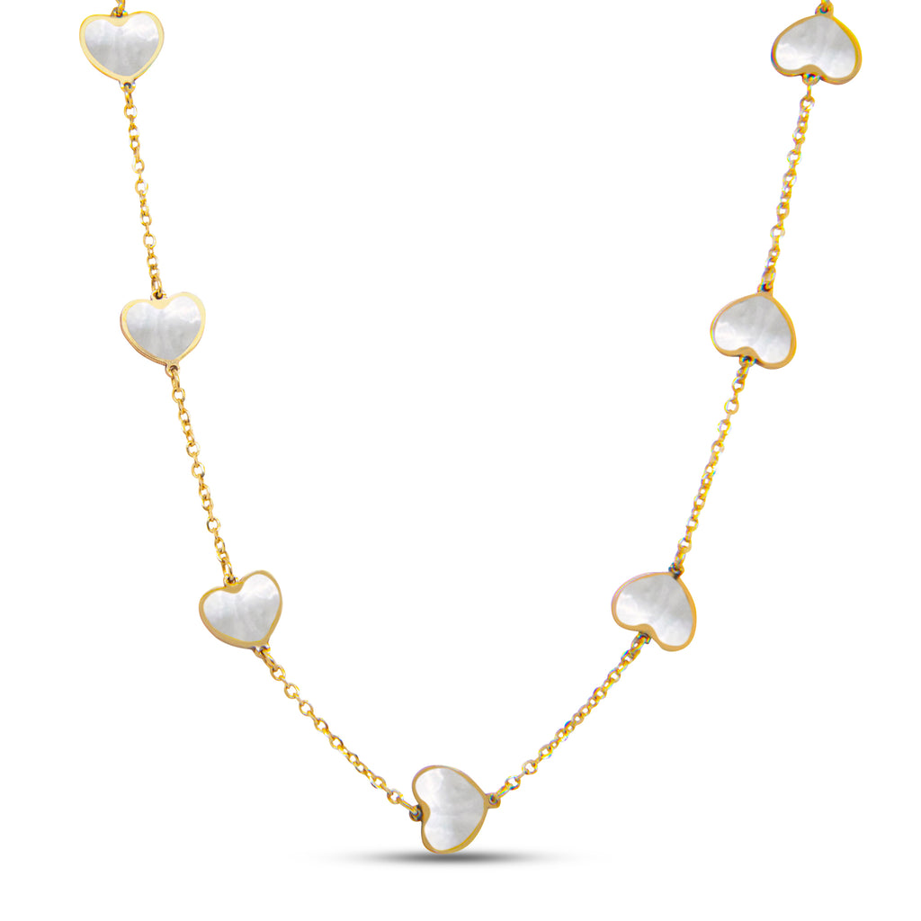 14k Yellow Gold Small Mother of Pearl Heart Station Necklace