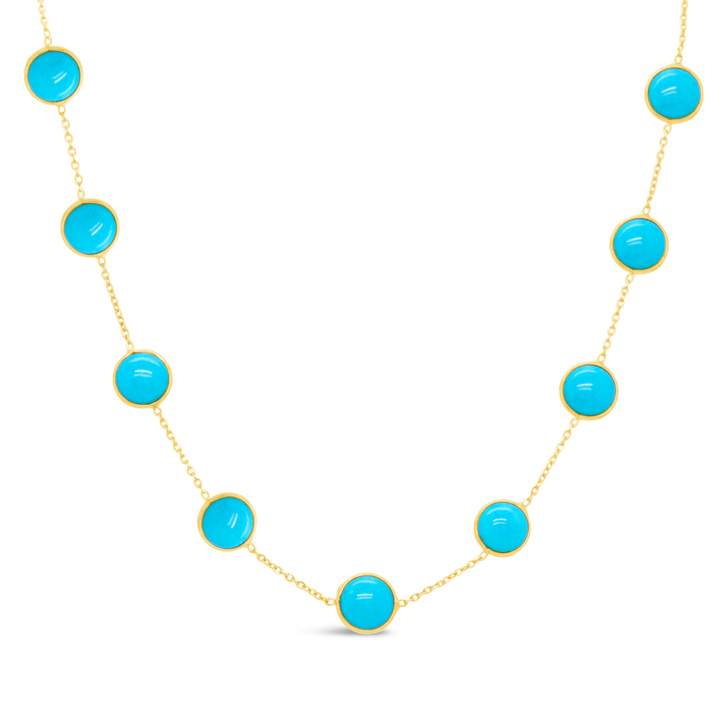 18K Yellow Gold Large Round Turquoise Station Necklace