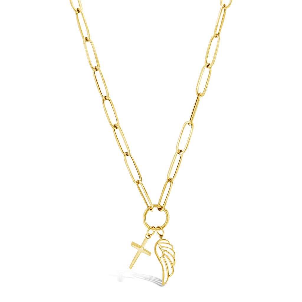 14k Yellow Gold Cross & Angel Wing Charm on Paper Clip Necklace