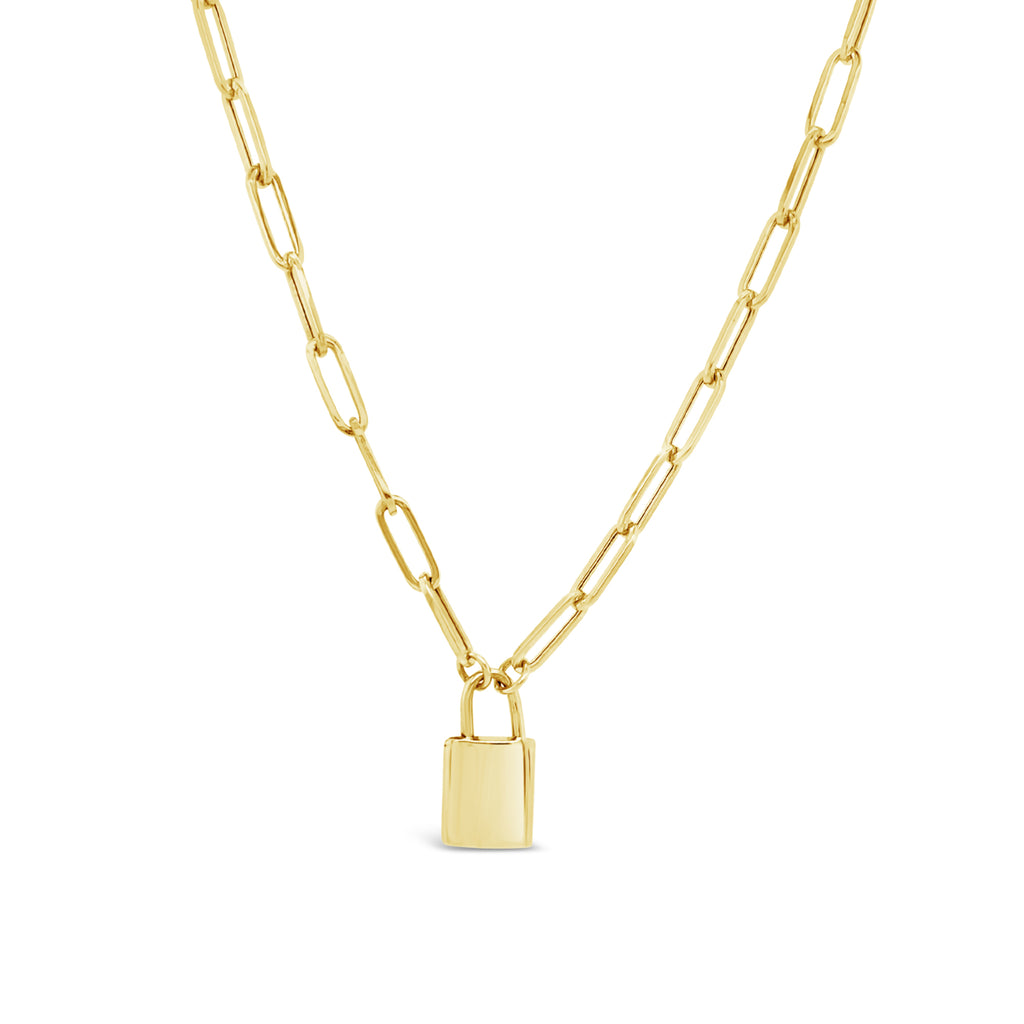 14k Yellow Gold Paper Clip Padlock Pendant Necklace