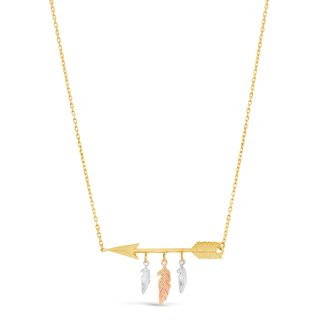 14k Tri Color Gold Arrow & Feather Necklace