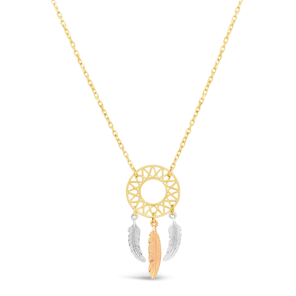 14k Tri Color Gold Dream Catcher Feather Necklace