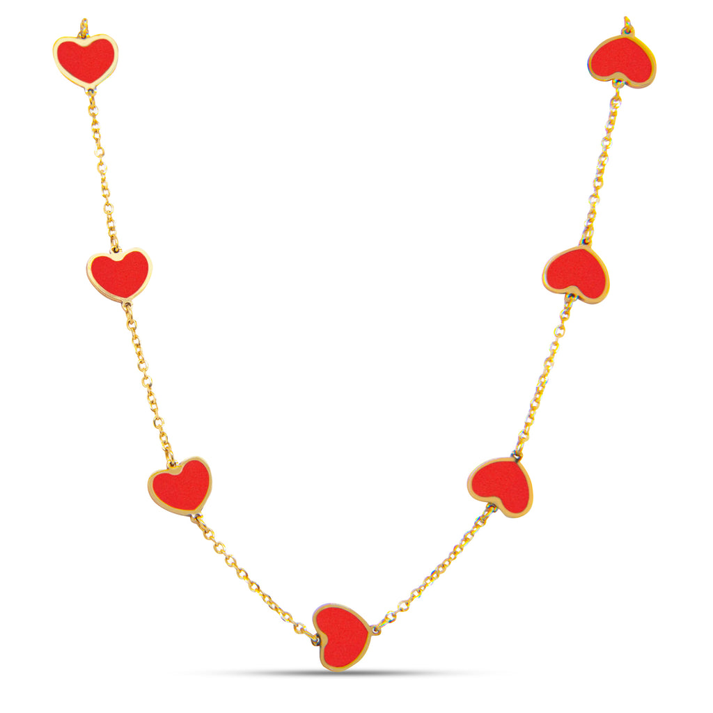 14k Yellow Gold Small Coral Heart Station Necklace