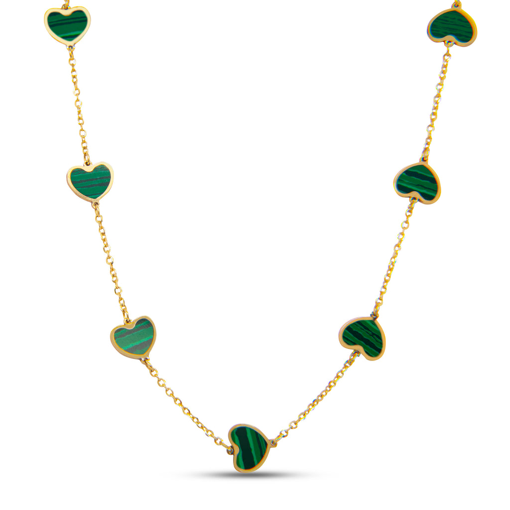 14k Yellow Gold Small Malachite Heart Station Necklace