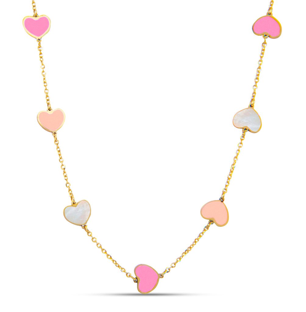 14k Yellow Gold Small Pink & Mother Pearl Heart Station Necklace