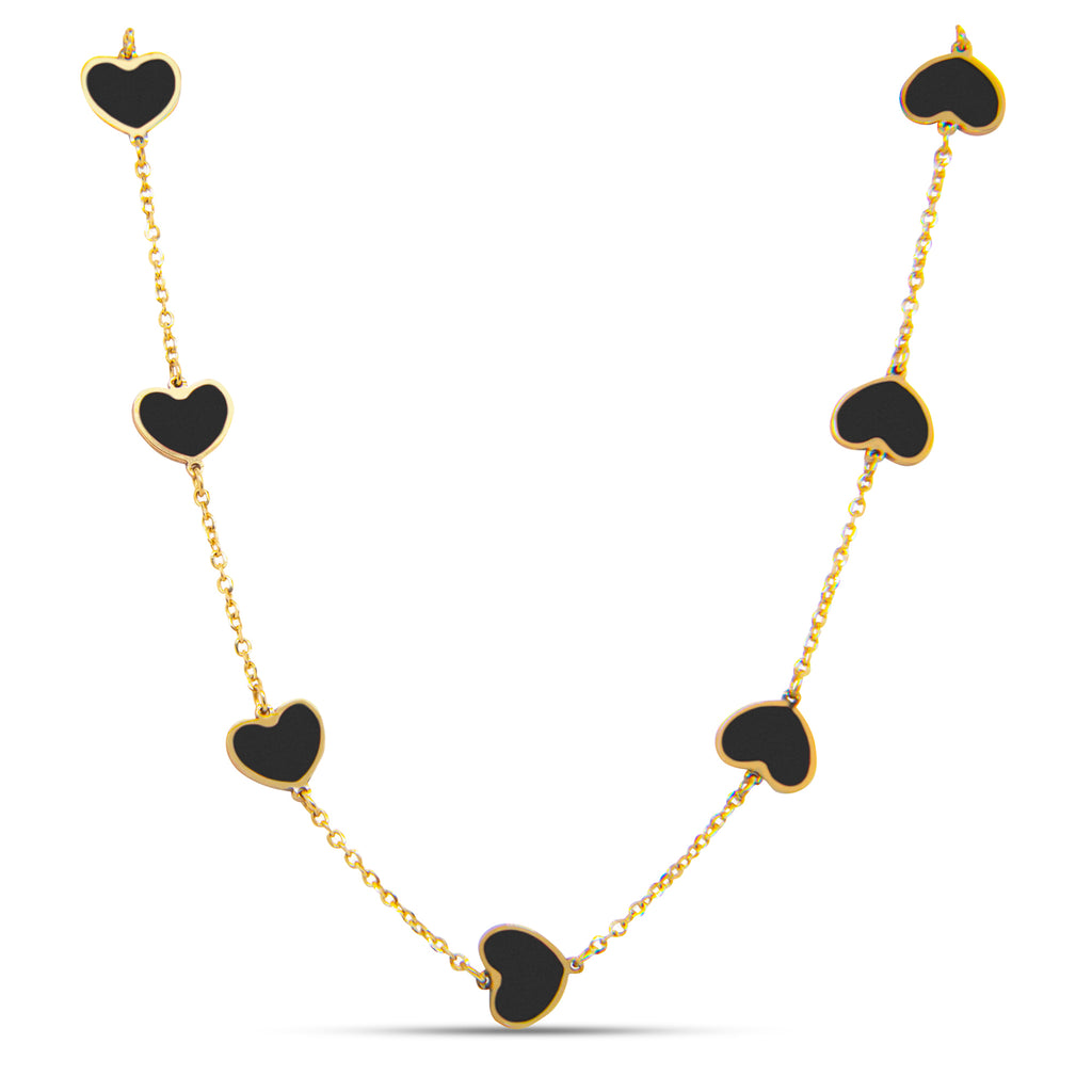 14k Yellow Gold Small Onyx Heart Station Necklace