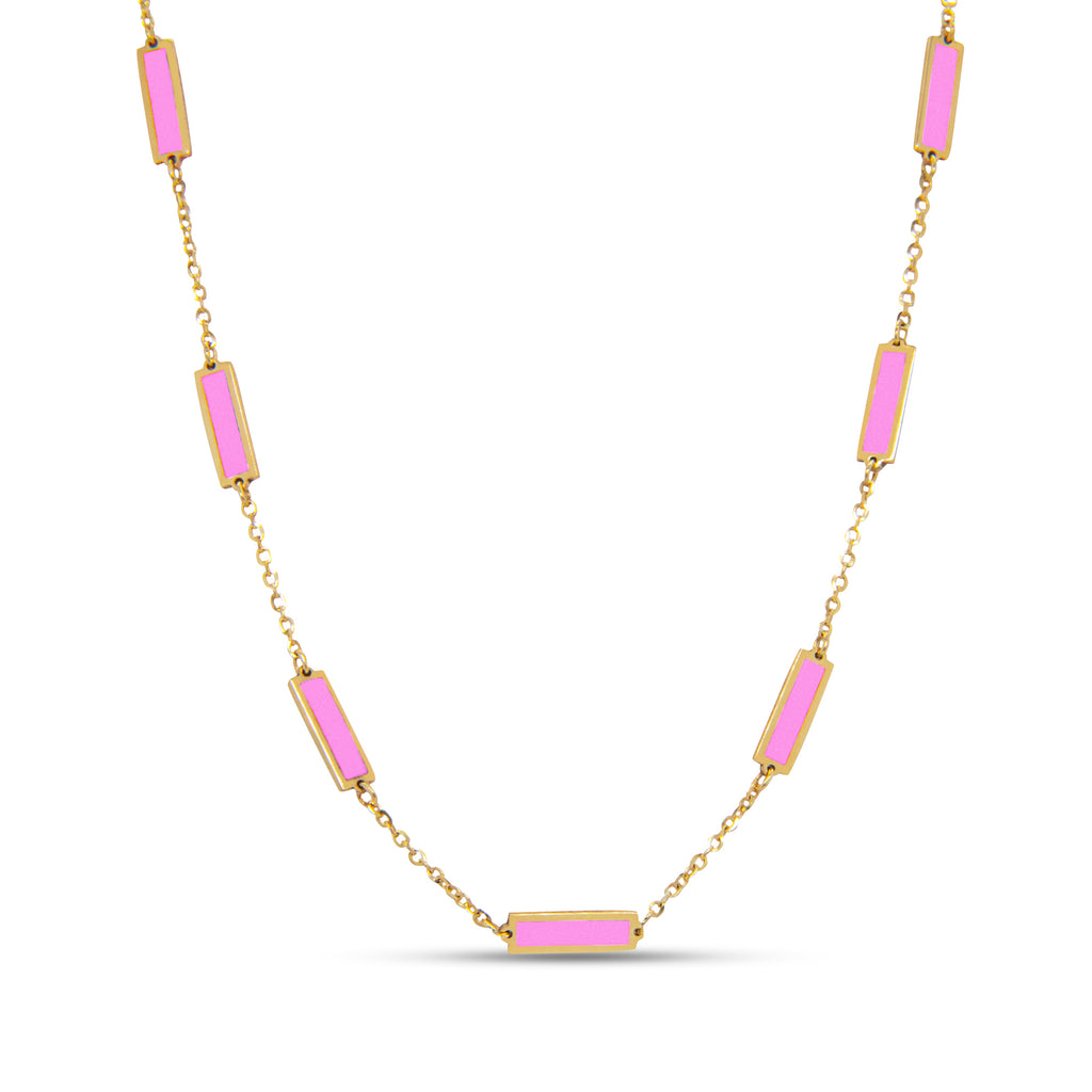 14k Yellow Gold Pink Bar Station Necklace