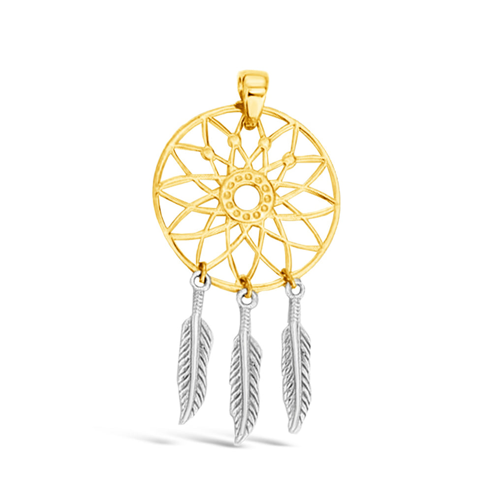 14k Yellow and White Gold Dream Catcher White Feather Pendant