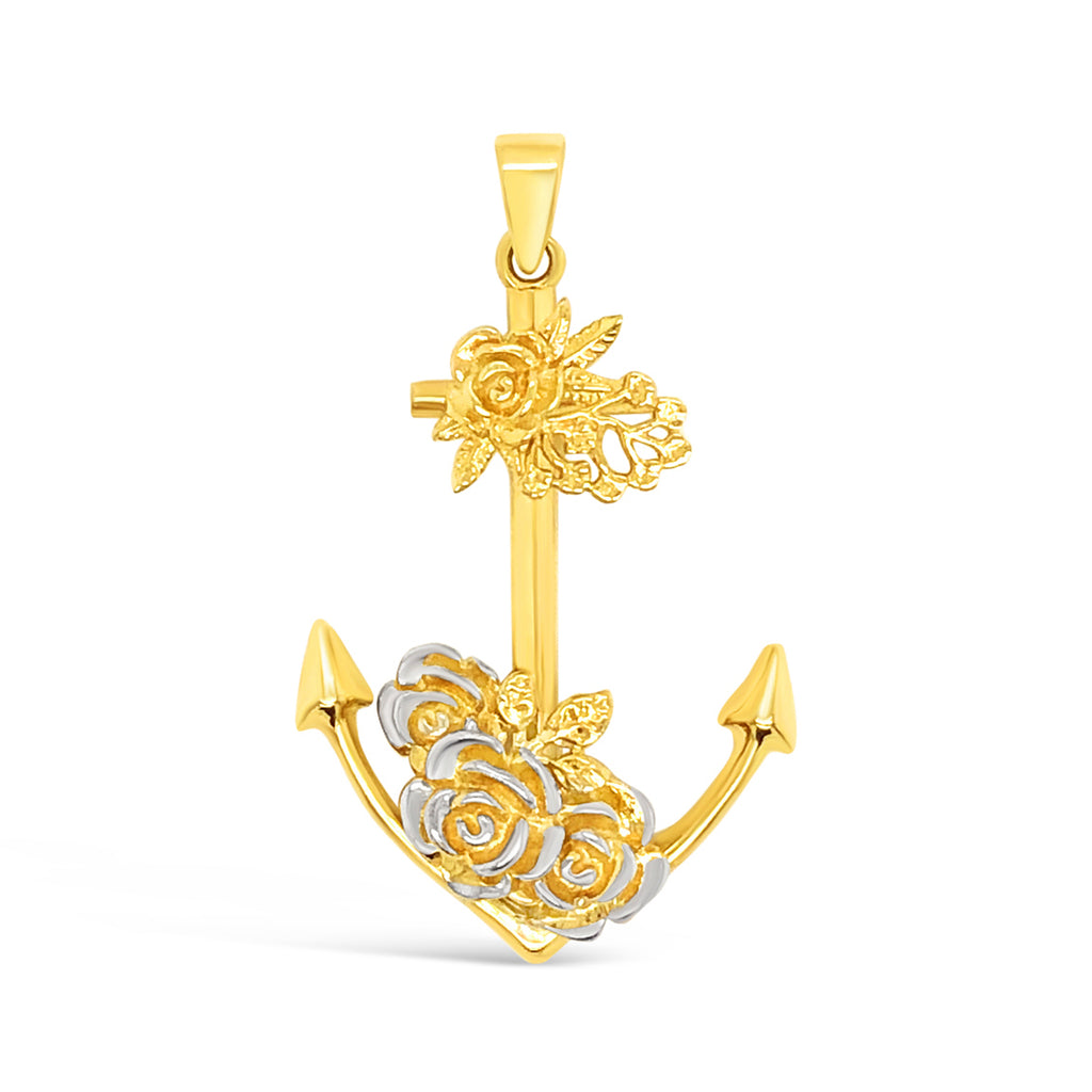 14k Yellow and White Gold Roses & Anchor Pendant