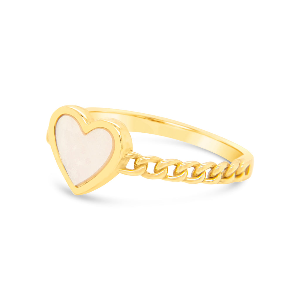 14k Yellow Gold Mother of Pearl Heart Cuban Link Ring