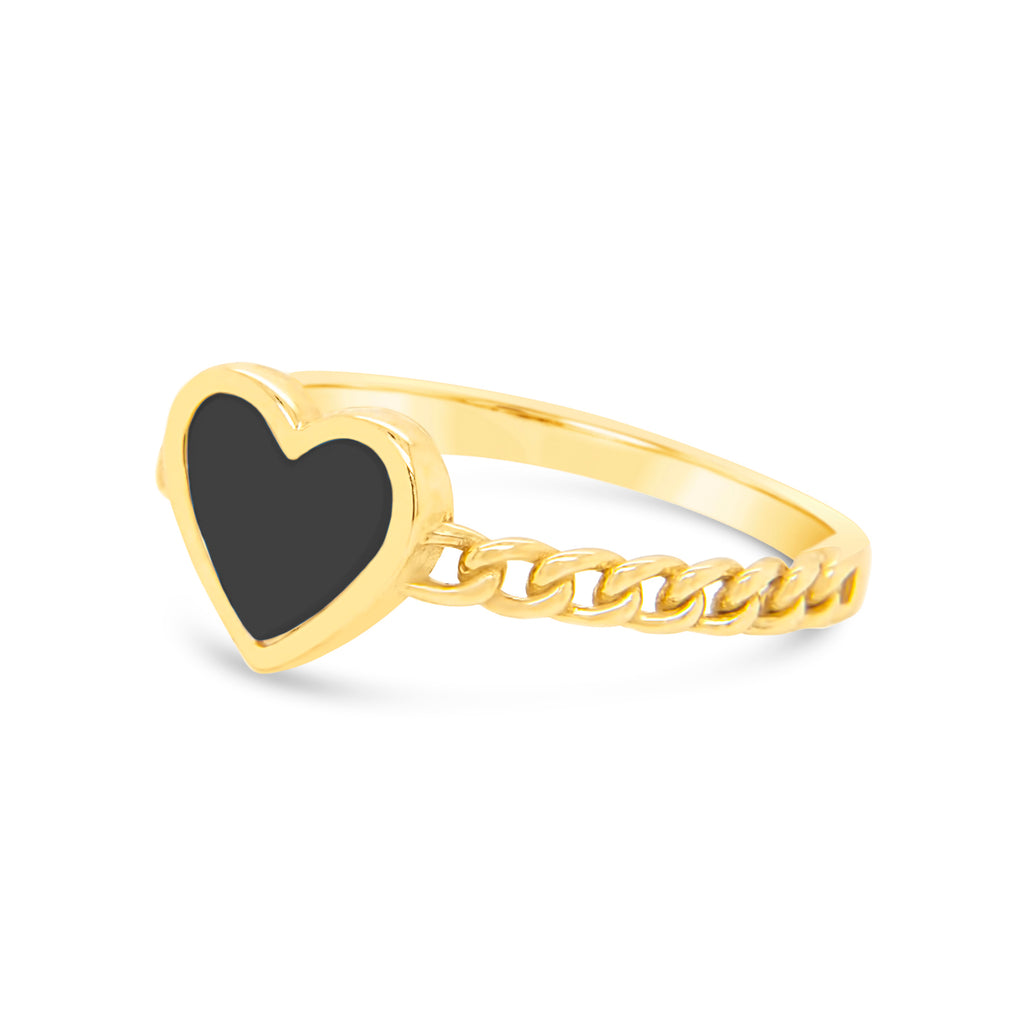 14K Yellow Gold Black Enamel Heart Cuban Link Ring