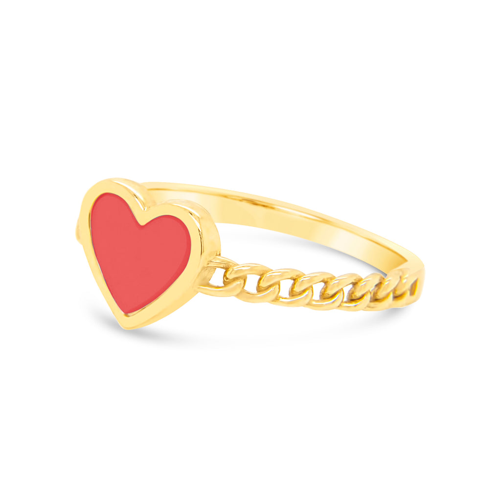 14k Yellow Gold Red Enamel Heart Cuban Link Ring