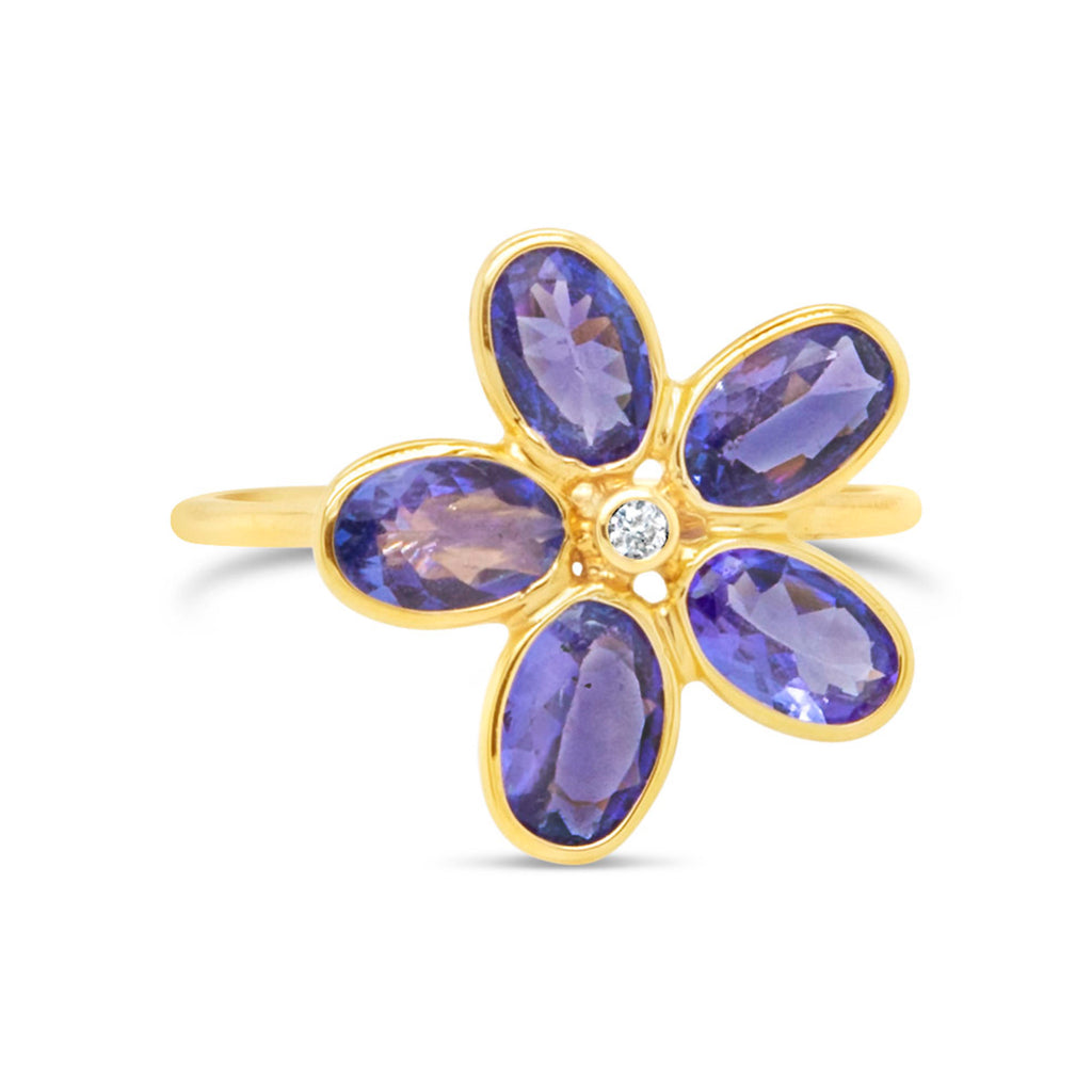 14k Yellow Gold Tanzanite and Diamond Flower Ring