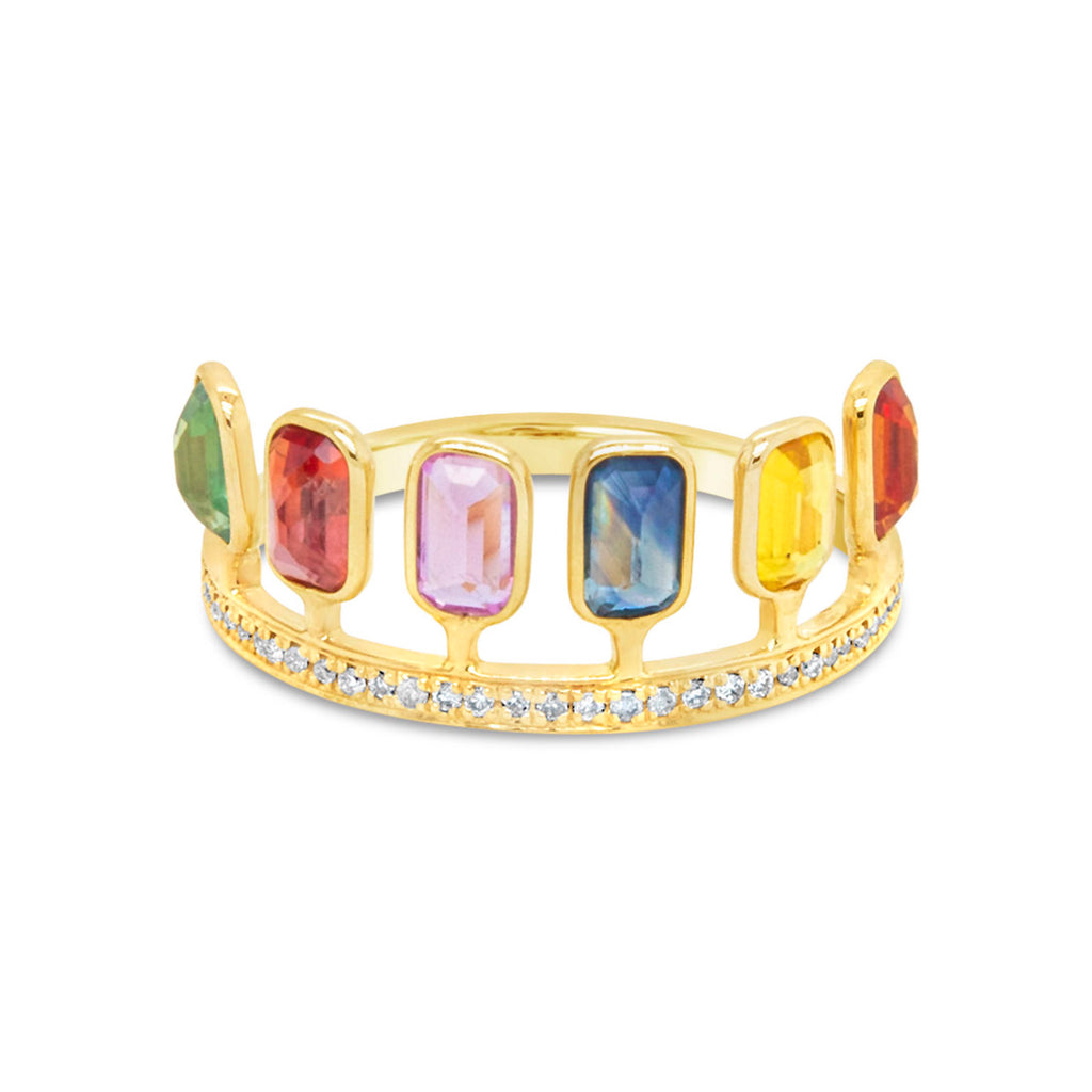 14k Yellow Gold Multi-Colored Sapphires and Diamond Ring