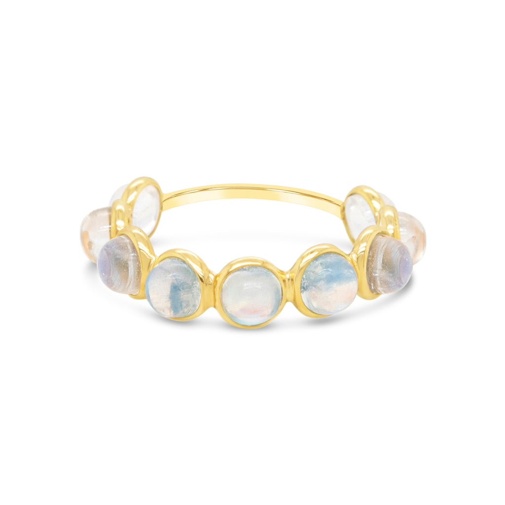 14k Yellow Gold Round Bezel Moonstone Half Eternity Band Ring