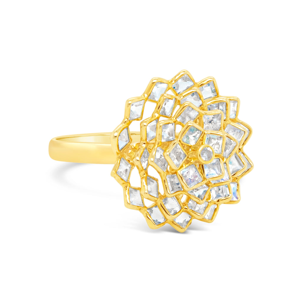 14k Yellow Gold Moonstone and Diamond Lotus Flower Ring