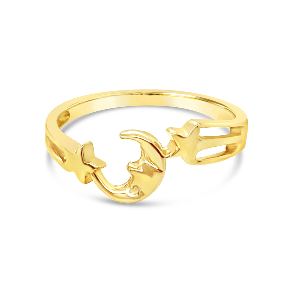 14k Yellow Gold Crescent Moon Face and Star Ring